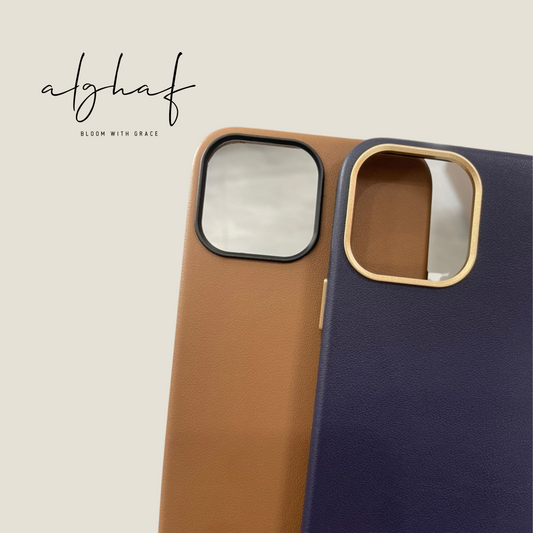 Female hand holding the Alghaf iPhone case. Color is Sky Night.