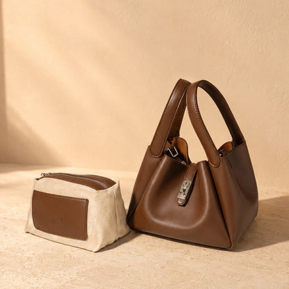 Zaya Amber leather handbag with matching inner pouch, handcrafted by Alghaf