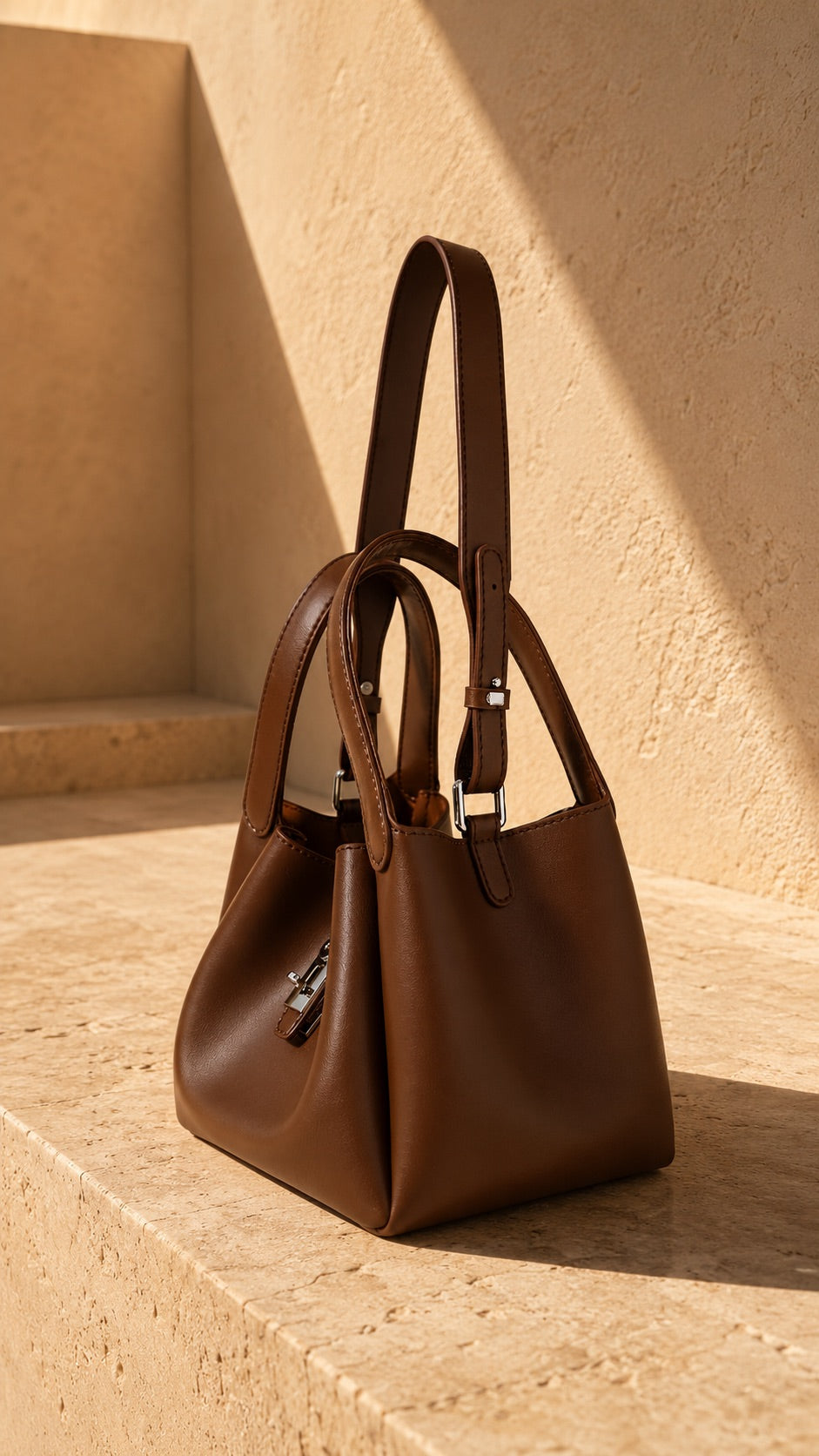 Zaya Amber leather handbag, front view, Emirati design by Alghaf