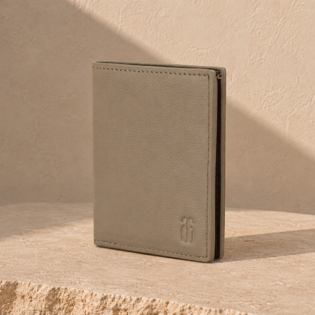 Beige leather wallet on a beige surface with a soft shadow