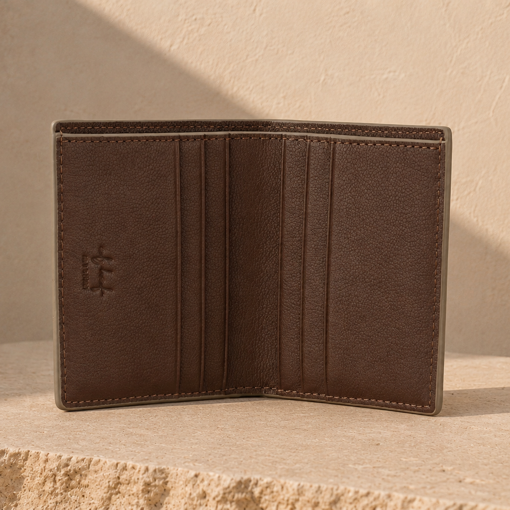 Brown leather wallet with a brand logo on a beige surface