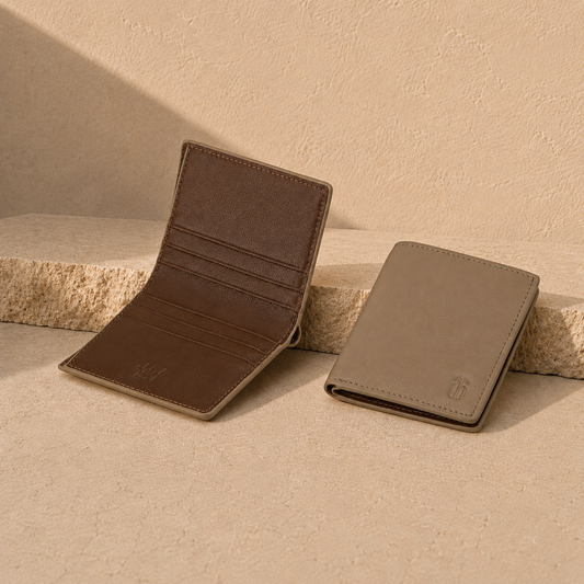 Two leather wallets, one brown and one beige, on a textured surface with a neutral background.