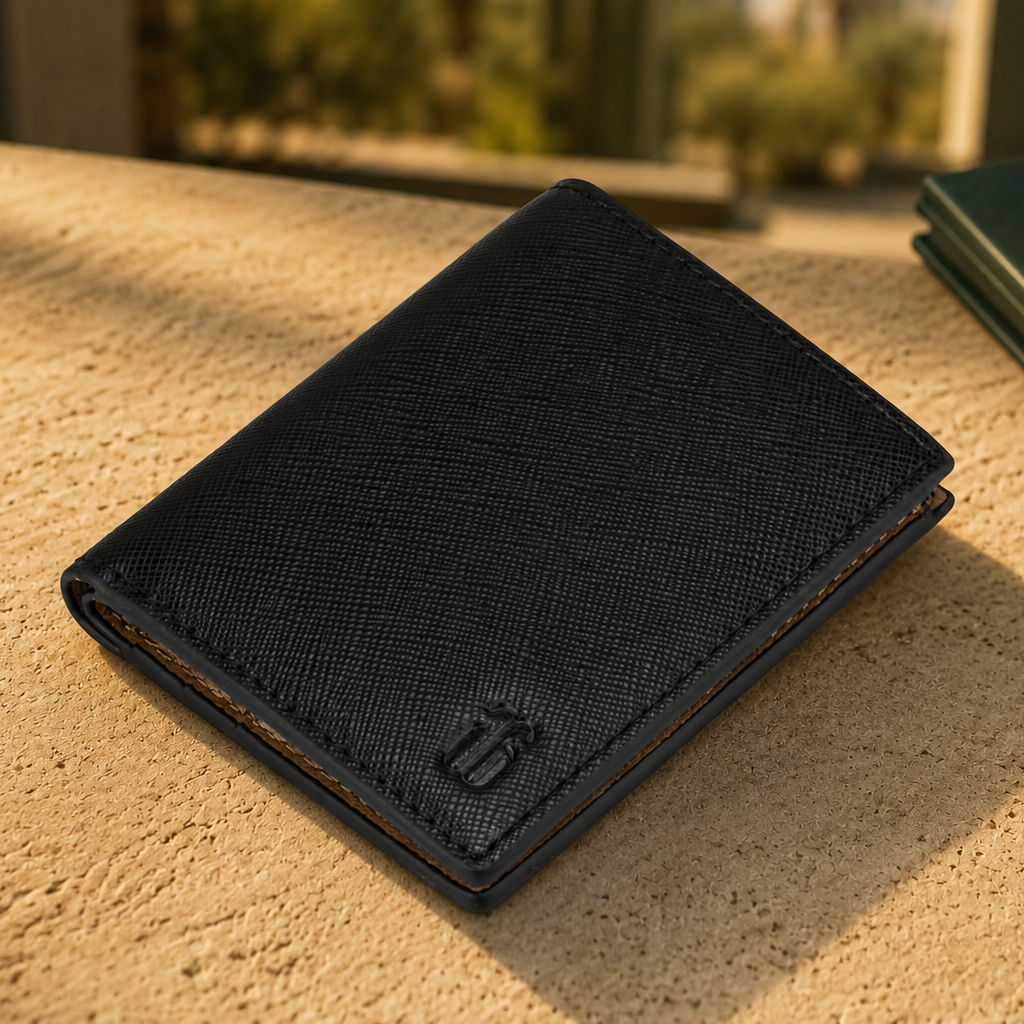 Black leather wallet on a textured surface with a blurred natural background