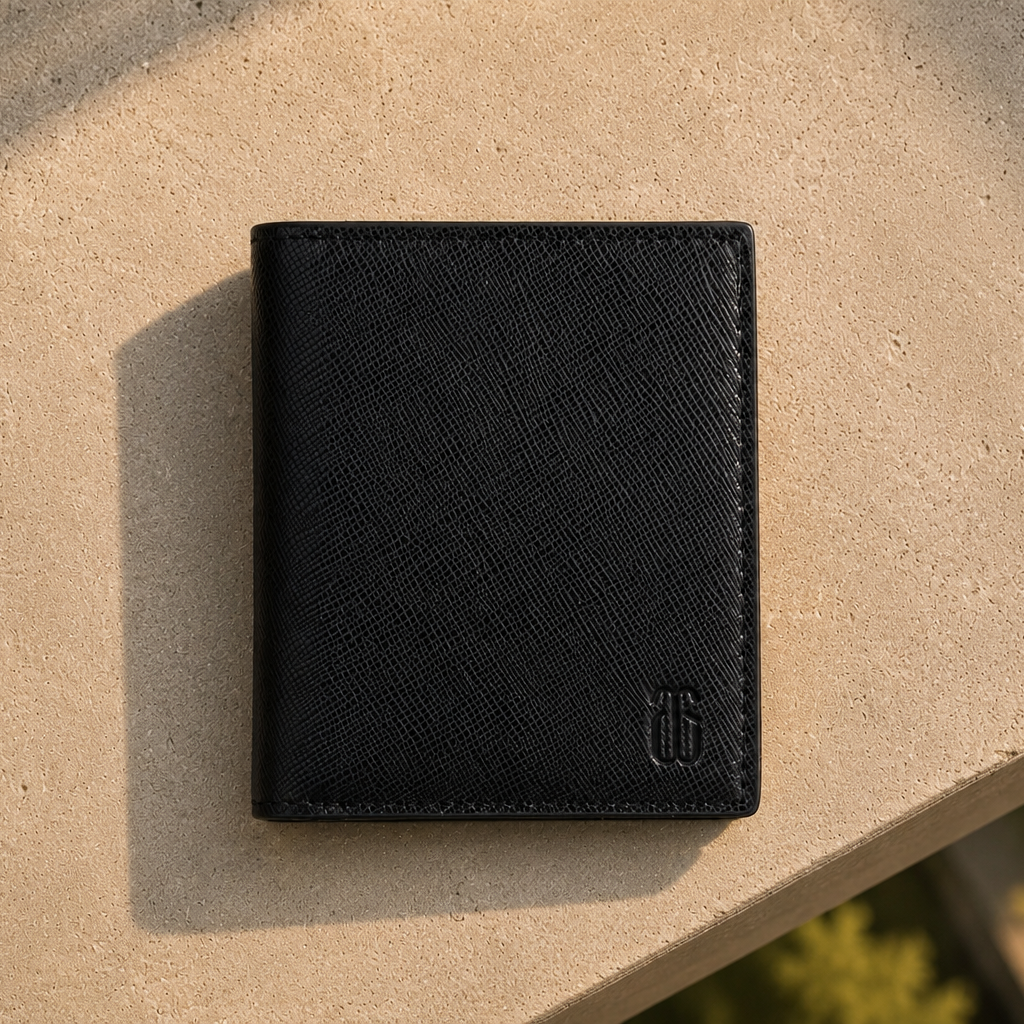 Black leather wallet on a textured surface